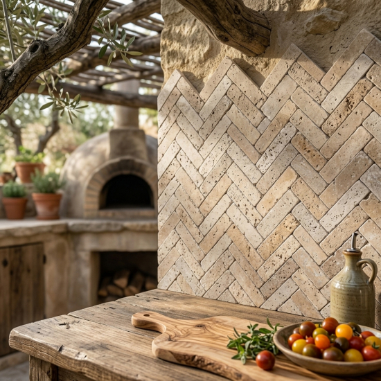 Carrelage chevron travertin Mix vieilli