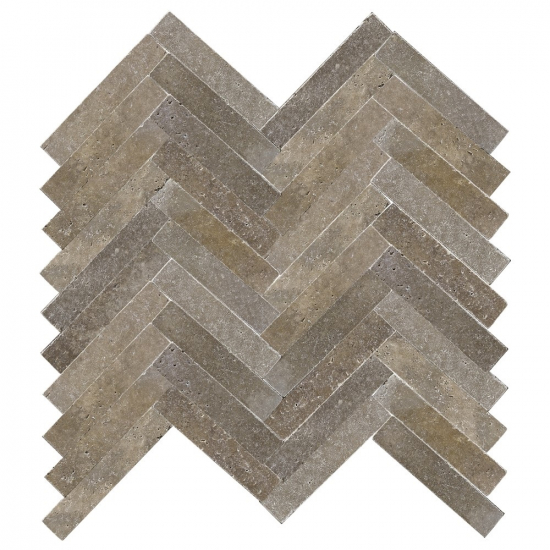 Carrelage chevron travertin Noce vieilli