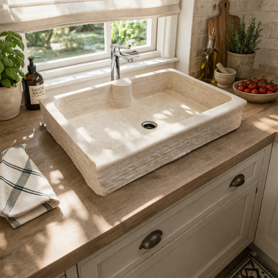 Evier Campagne en travertin Beige Impéria