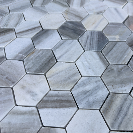 Mosaïque en marbre blanc et gris hexagone