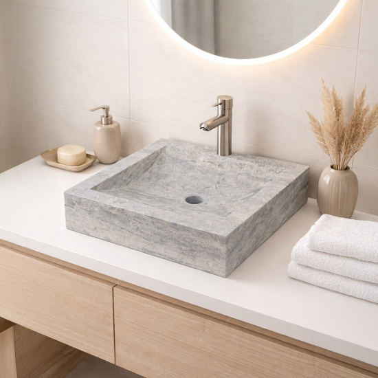 Vasque Cloé en travertin Gris Silver