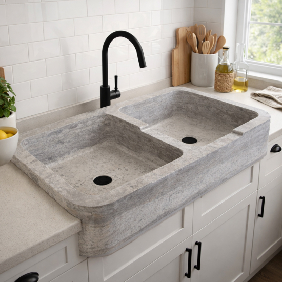 Evier Clovis en travertin Gris Silver