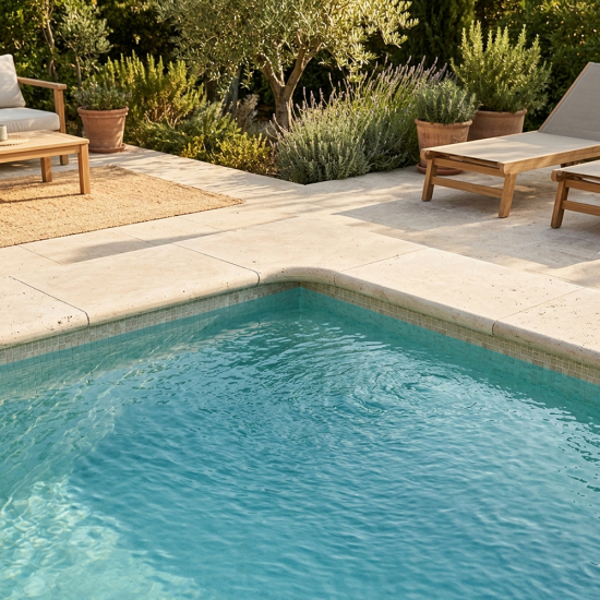 Margelle d'angle en travertin Mix rentrant bord rond 5 cm