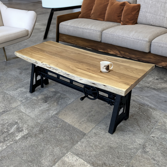 Table basse élévatrice en Acacia avec pied de table industriel