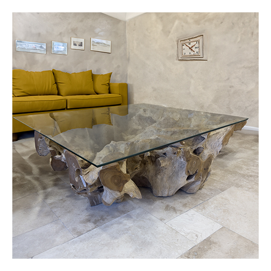 Table basse en racine de teck carrée - pièce unique