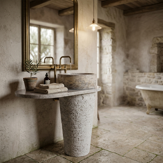 Vasque colonne en marbre Héloïse Gris avec tablette