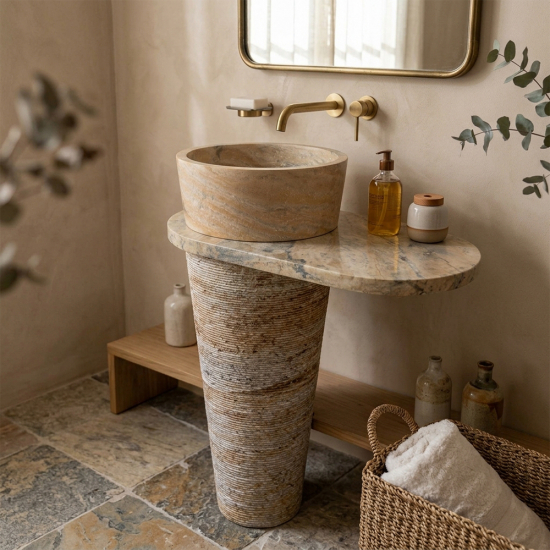 Vasque colonne en marbre Héloïse Scabas avec tablette