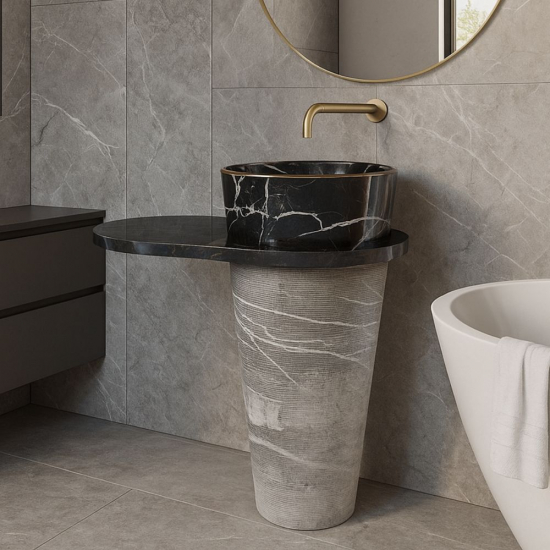 Vasque colonne en marbre Noir Héloïse avec tablette