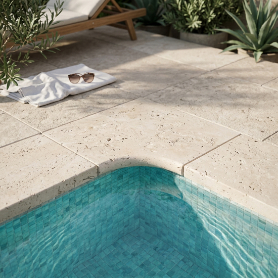 Margelle d'angle en travertin Mix rentrant bord rond 3 cm