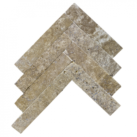 Carrelage chevron travertin Golden vieilli