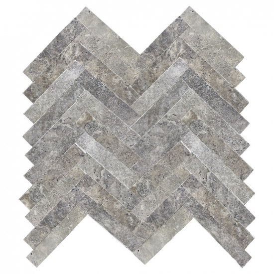 Carrelage chevron travertin Silver vieilli