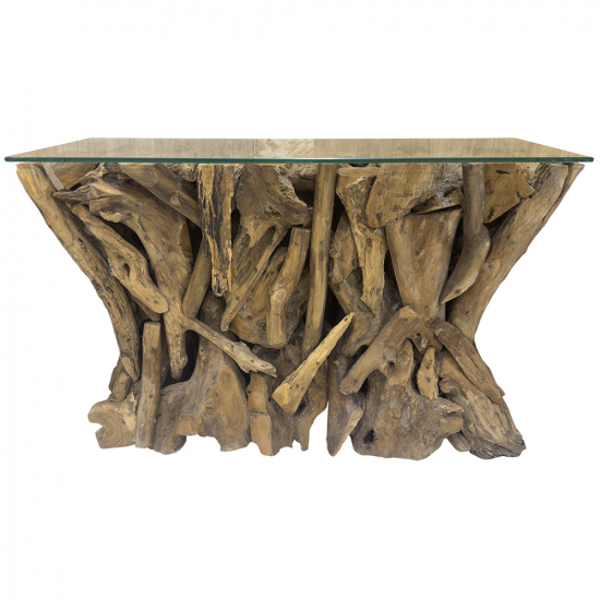 Console en racine de teck avec plateau en verre