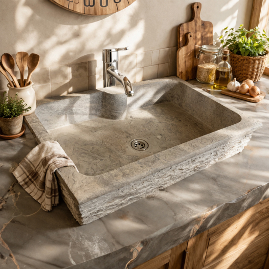 Evier Campagne en travertin Gris Silver