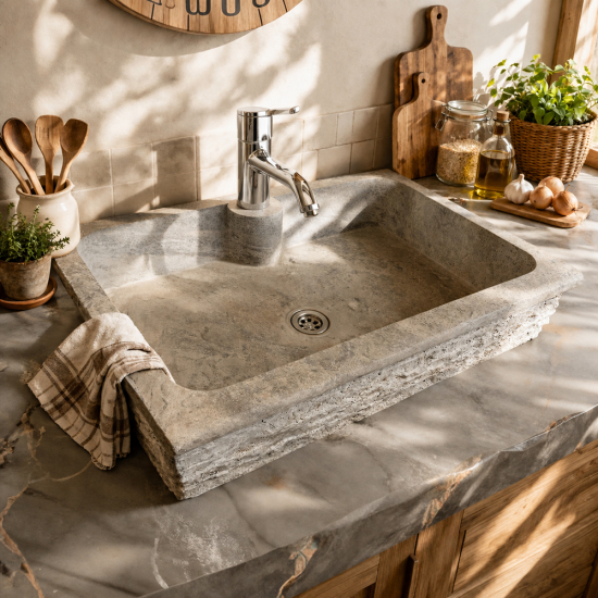 Evier Campagne en travertin Gris Silver