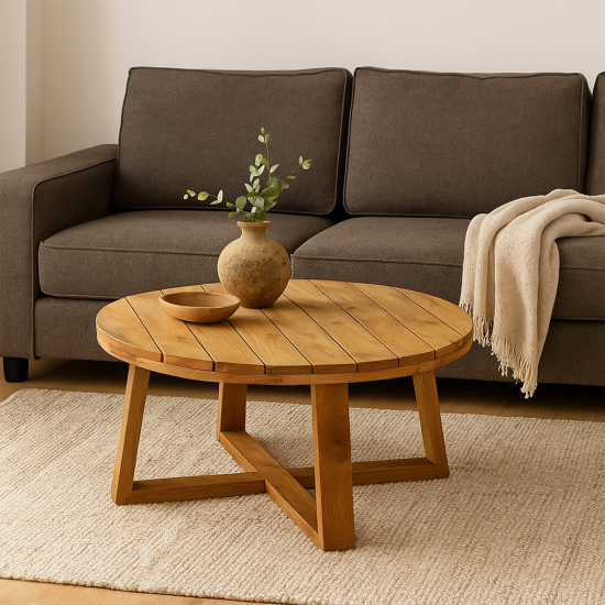 Table basse ronde en teck naturel vernis